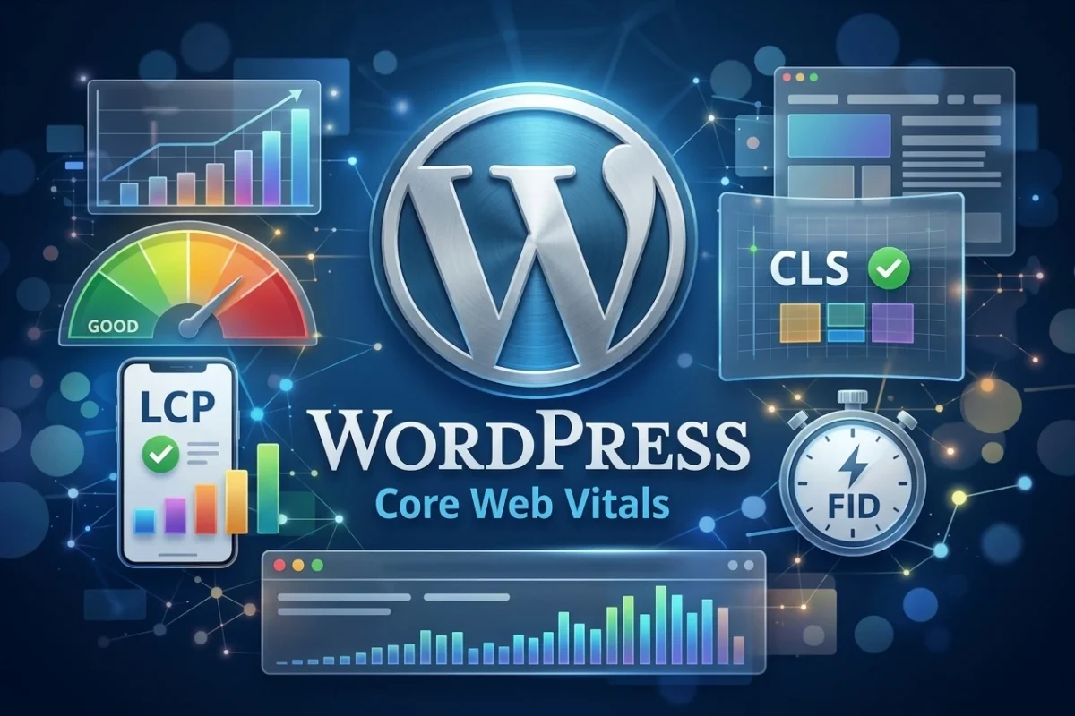 WordPress Core Web Vitals optimization guide showing LCP INP and CLS